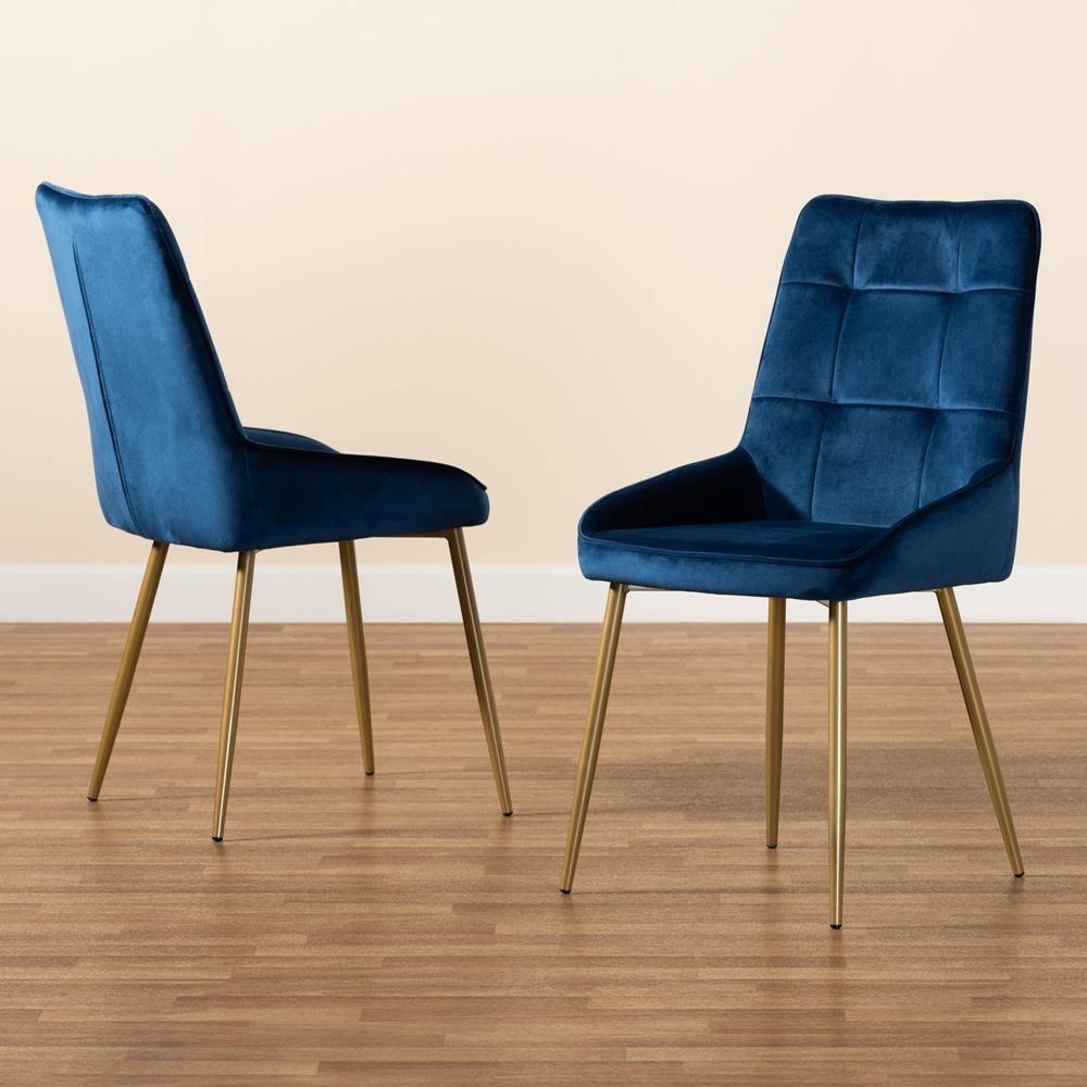 Gavino Modern Luxe and Glam Navy Blue Velvet Fabric Upholstered and Gold Finished Metal 2-Piece Dining Chair Set FredCo