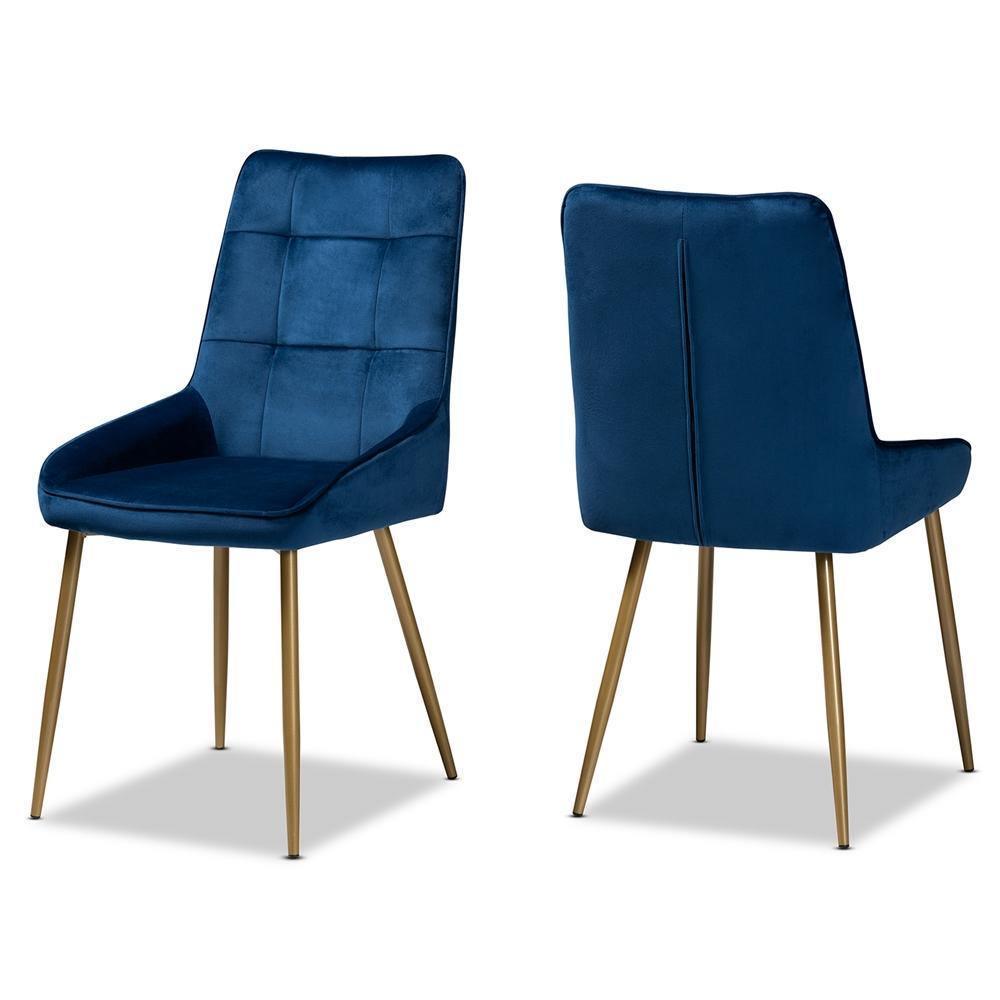 Gavino Modern Luxe and Glam Navy Blue Velvet Fabric Upholstered and Gold Finished Metal 2-Piece Dining Chair Set FredCo