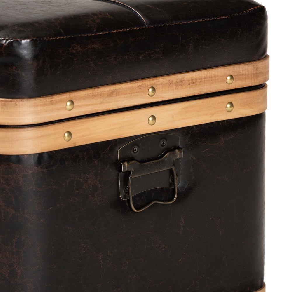 Gendry Modern Rustic Transitional Dark Brown Faux Leather Upholstered and Oak Brown Finished Wood Large Storage Ottoman FredCo