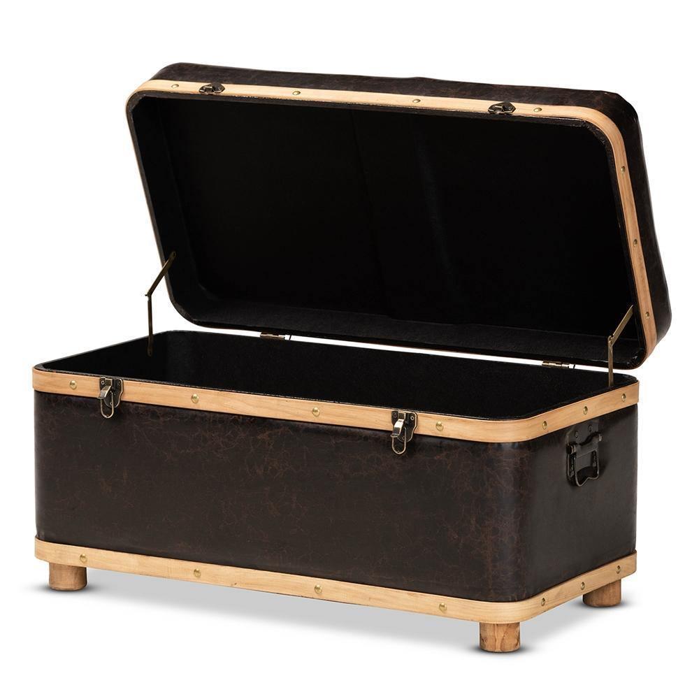 Gendry Modern Rustic Transitional Dark Brown Faux Leather Upholstered and Oak Brown Finished Wood Large Storage Ottoman FredCo
