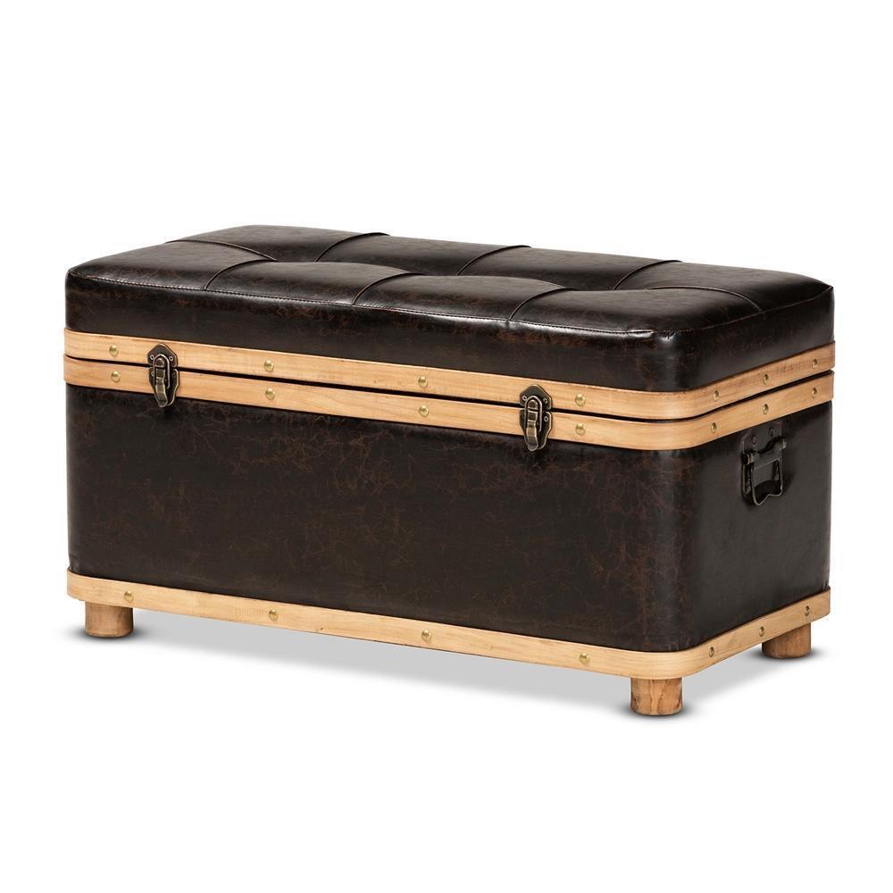 Gendry Modern Rustic Transitional Dark Brown Faux Leather Upholstered and Oak Brown Finished Wood Large Storage Ottoman FredCo
