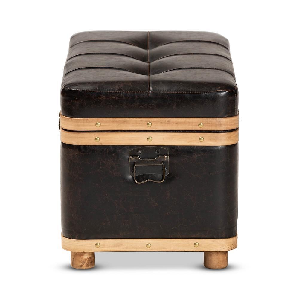 Gendry Modern Rustic Transitional Dark Brown Faux Leather Upholstered and Oak Brown Finished Wood Large Storage Ottoman FredCo