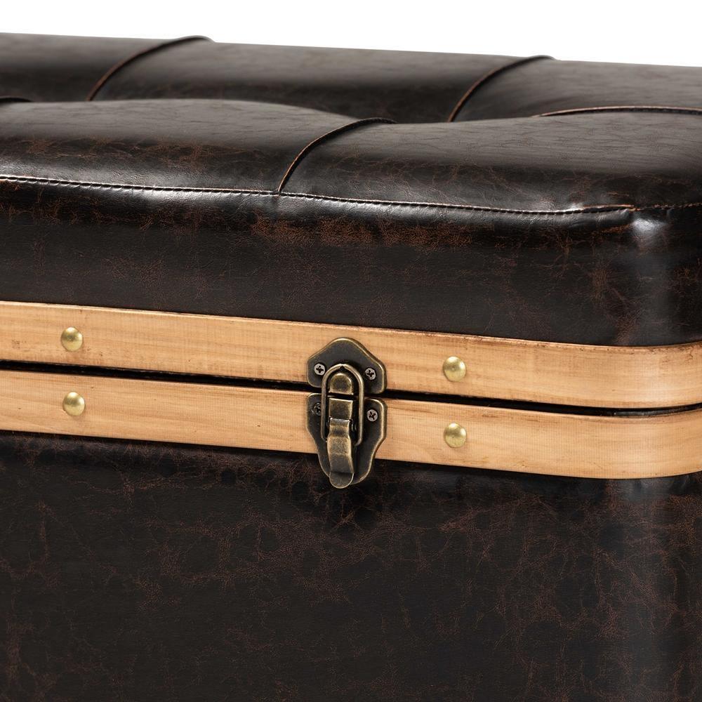Gendry Modern Rustic Transitional Dark Brown Faux Leather Upholstered and Oak Brown Finished Wood Large Storage Ottoman FredCo