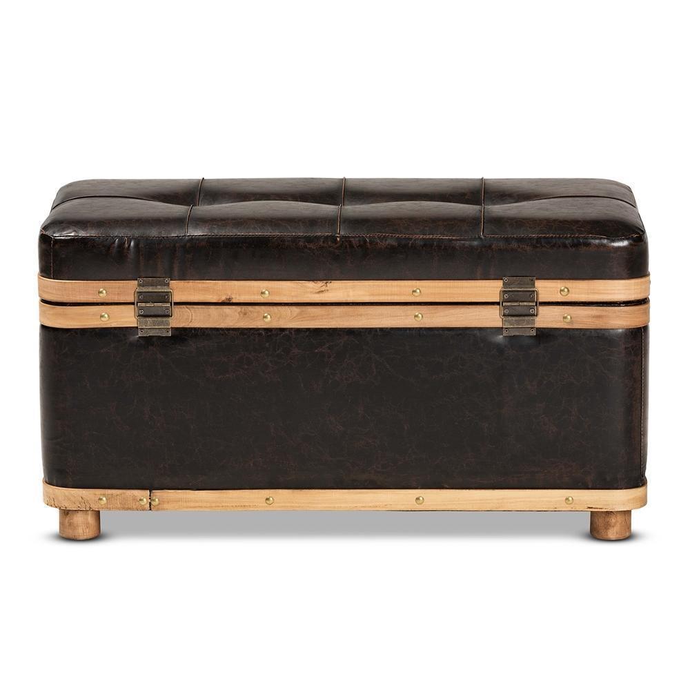 Gendry Modern Rustic Transitional Dark Brown Faux Leather Upholstered and Oak Brown Finished Wood Large Storage Ottoman FredCo