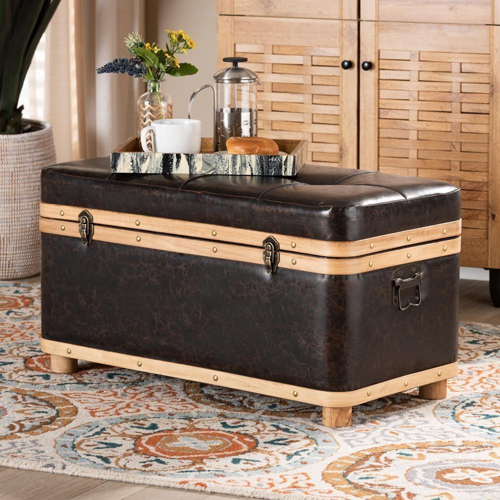 Gendry Modern Rustic Transitional Dark Brown Faux Leather Upholstered and Oak Brown Finished Wood Large Storage Ottoman FredCo