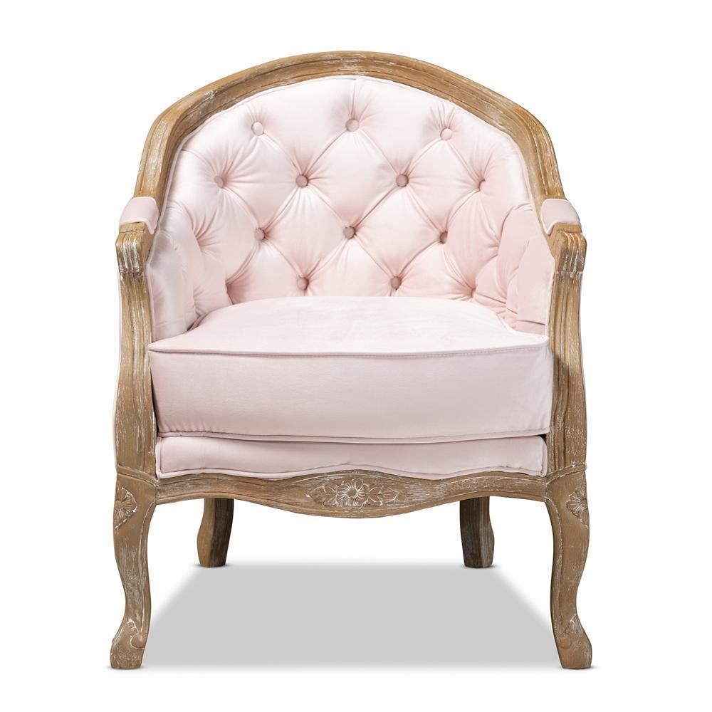 Genevieve Traditional French Provincial Light Pink Velvet Upholstered White-Washed Oak Wood Armchair FredCo