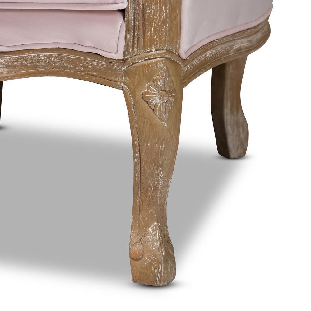 Genevieve Traditional French Provincial Light Pink Velvet Upholstered White-Washed Oak Wood Armchair FredCo