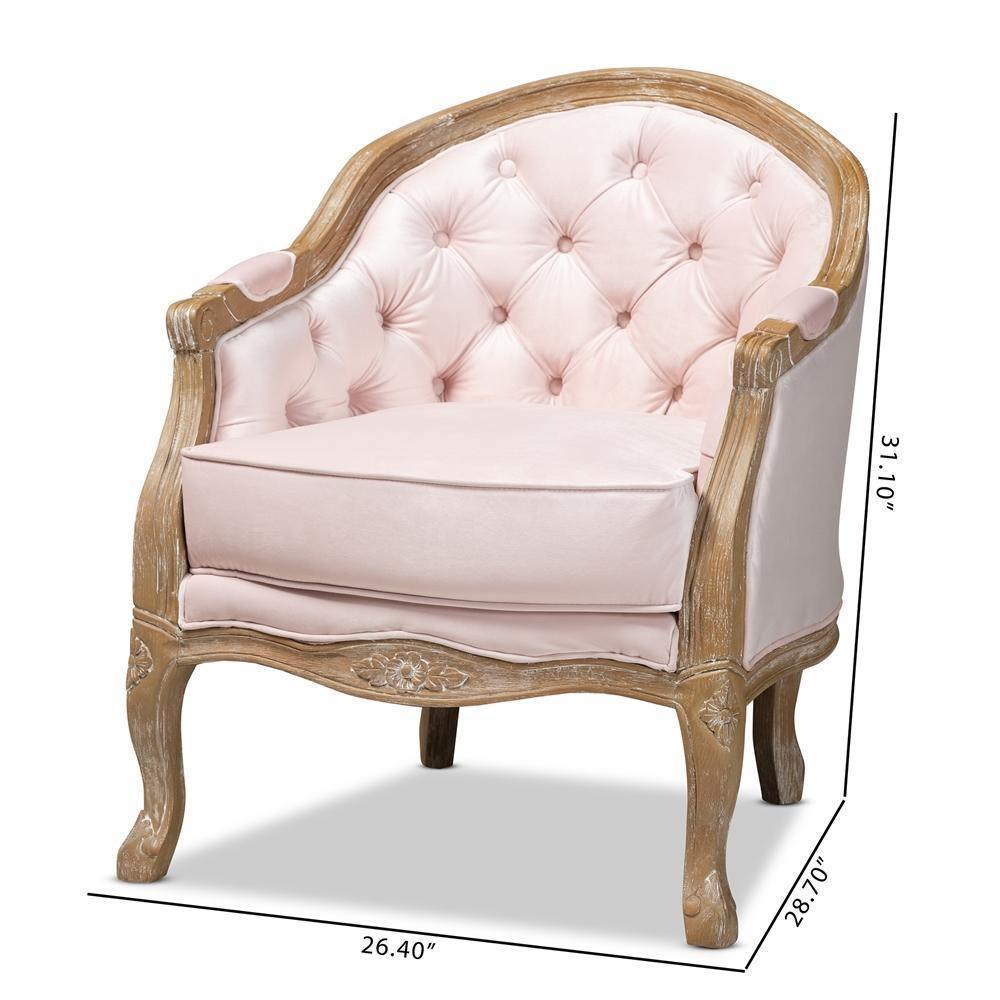 Genevieve Traditional French Provincial Light Pink Velvet Upholstered White-Washed Oak Wood Armchair FredCo