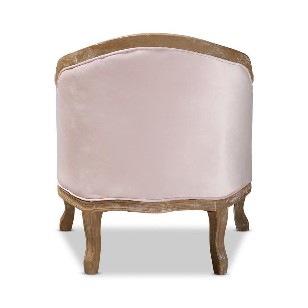 Genevieve Traditional French Provincial Light Pink Velvet Upholstered White-Washed Oak Wood Armchair FredCo