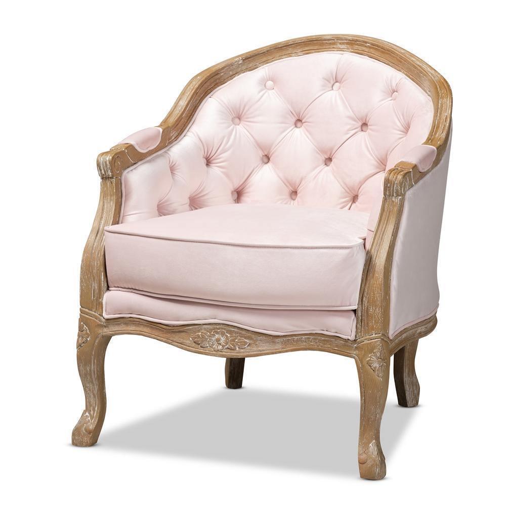 Genevieve Traditional French Provincial Light Pink Velvet Upholstered White-Washed Oak Wood Armchair FredCo