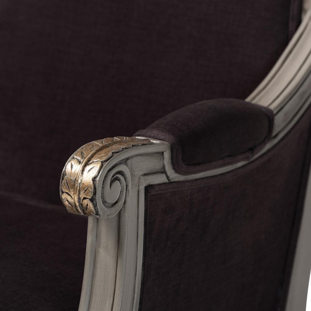 Georgette Classic and Traditional French Inspired Brown Velvet Upholstered Grey Finished Armchair with Goldleaf Detailing FredCo