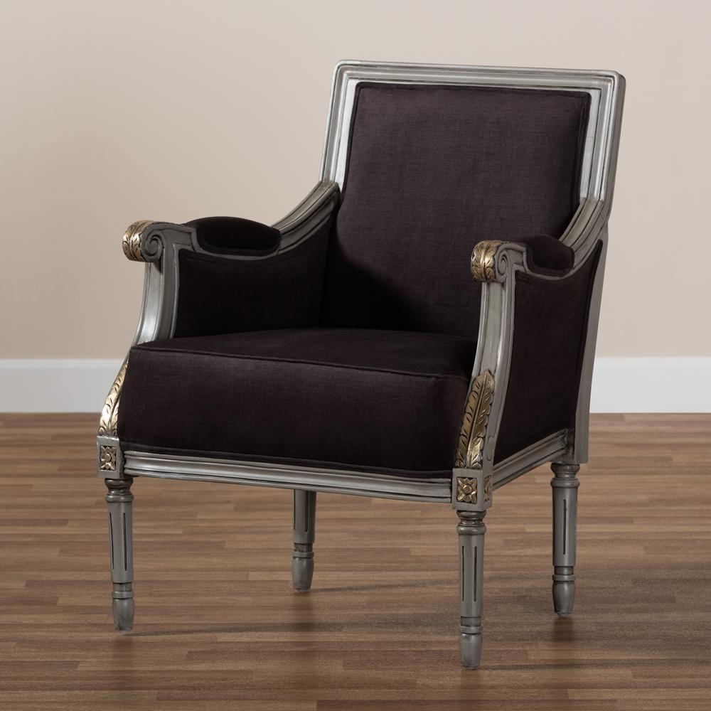 Georgette Classic and Traditional French Inspired Brown Velvet Upholstered Grey Finished Armchair with Goldleaf Detailing FredCo
