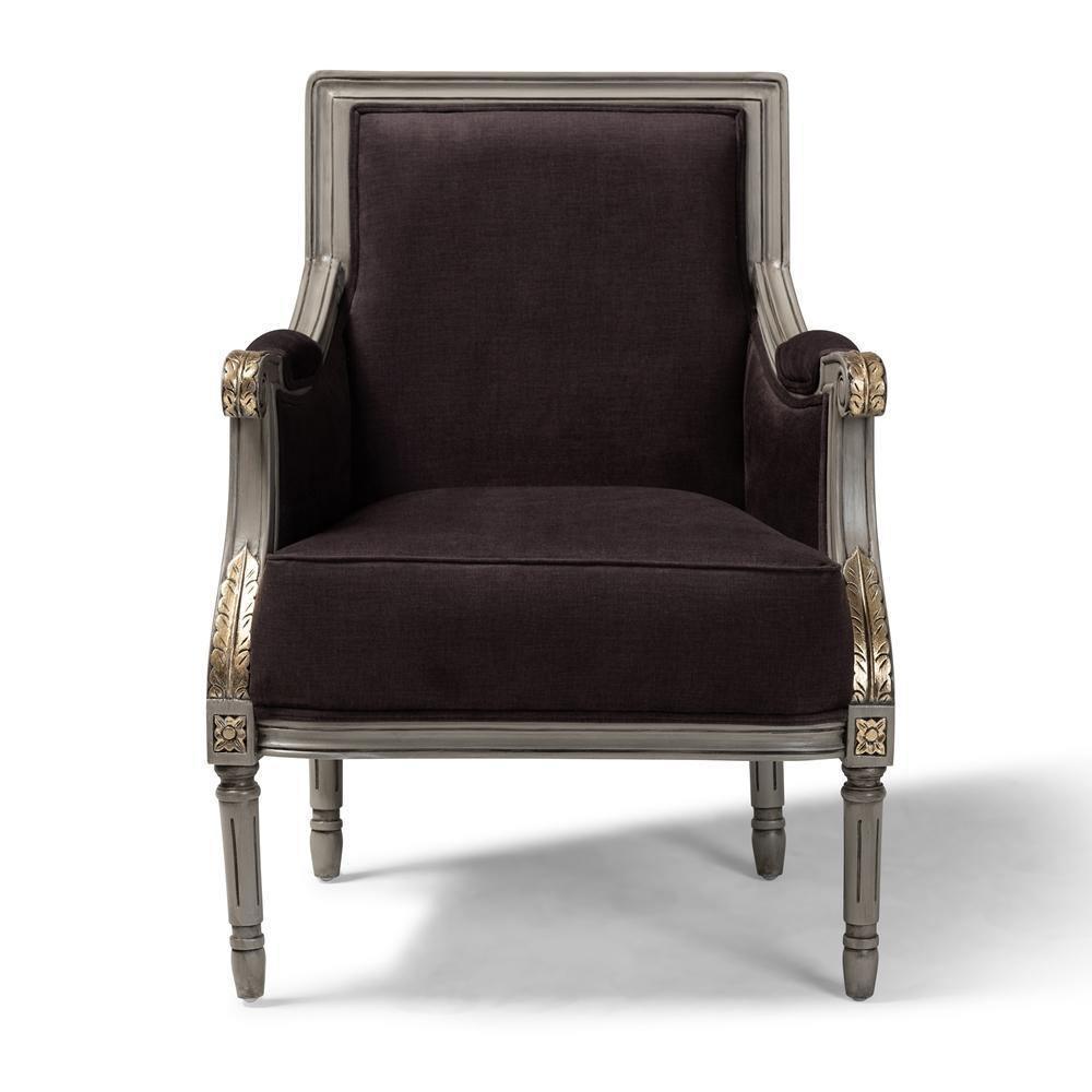 Georgette Classic and Traditional French Inspired Brown Velvet Upholstered Grey Finished Armchair with Goldleaf Detailing FredCo