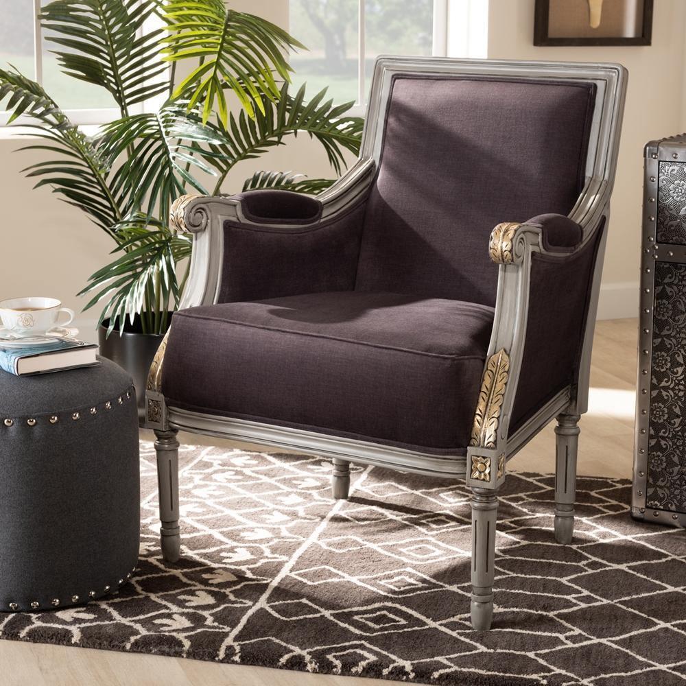 Georgette Classic and Traditional French Inspired Brown Velvet Upholstered Grey Finished Armchair with Goldleaf Detailing FredCo