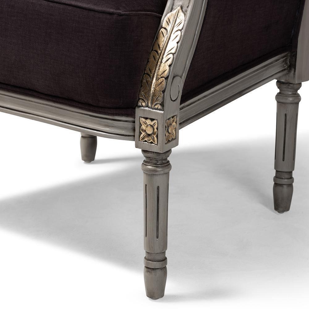 Georgette Classic and Traditional French Inspired Brown Velvet Upholstered Grey Finished Armchair with Goldleaf Detailing FredCo