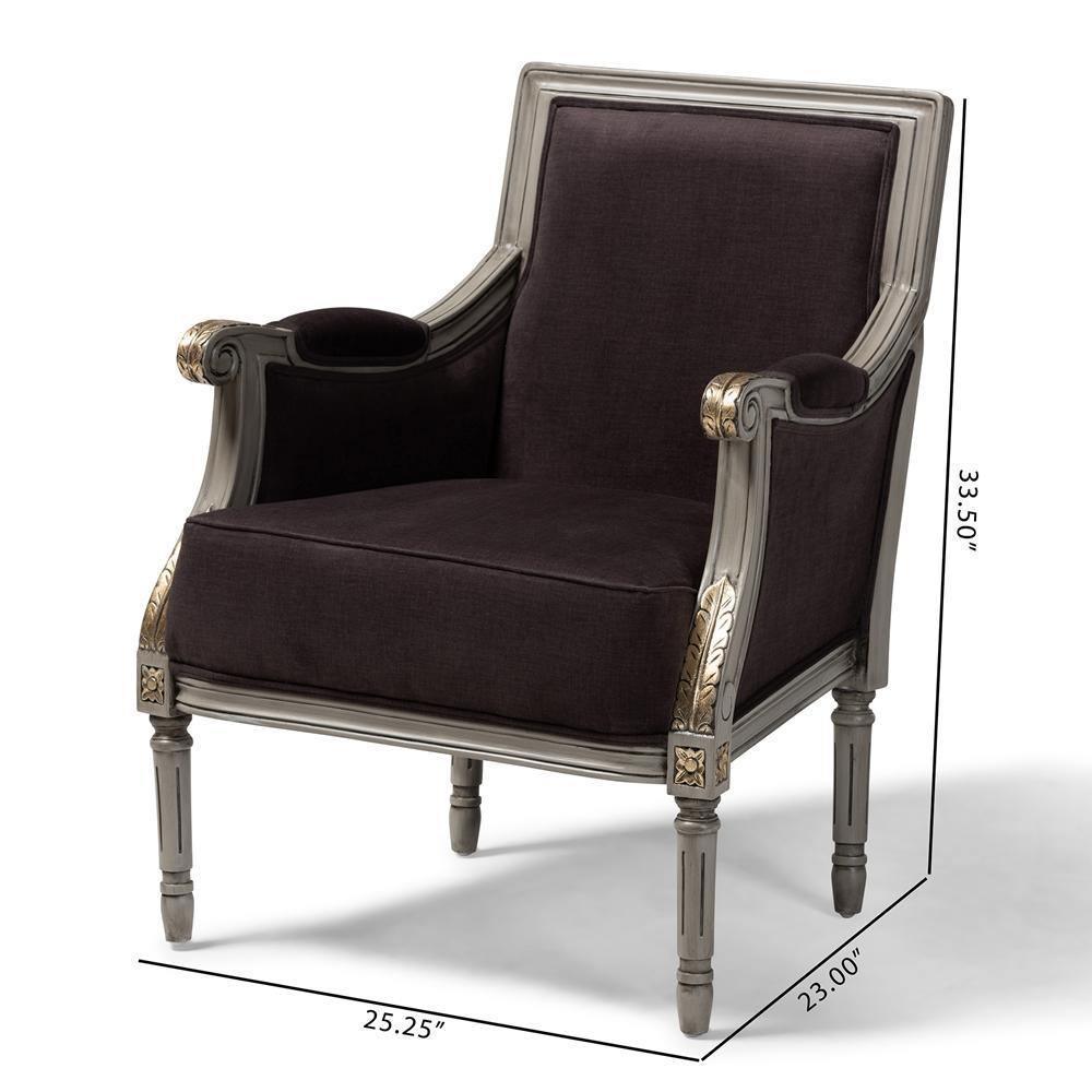 Georgette Classic and Traditional French Inspired Brown Velvet Upholstered Grey Finished Armchair with Goldleaf Detailing FredCo