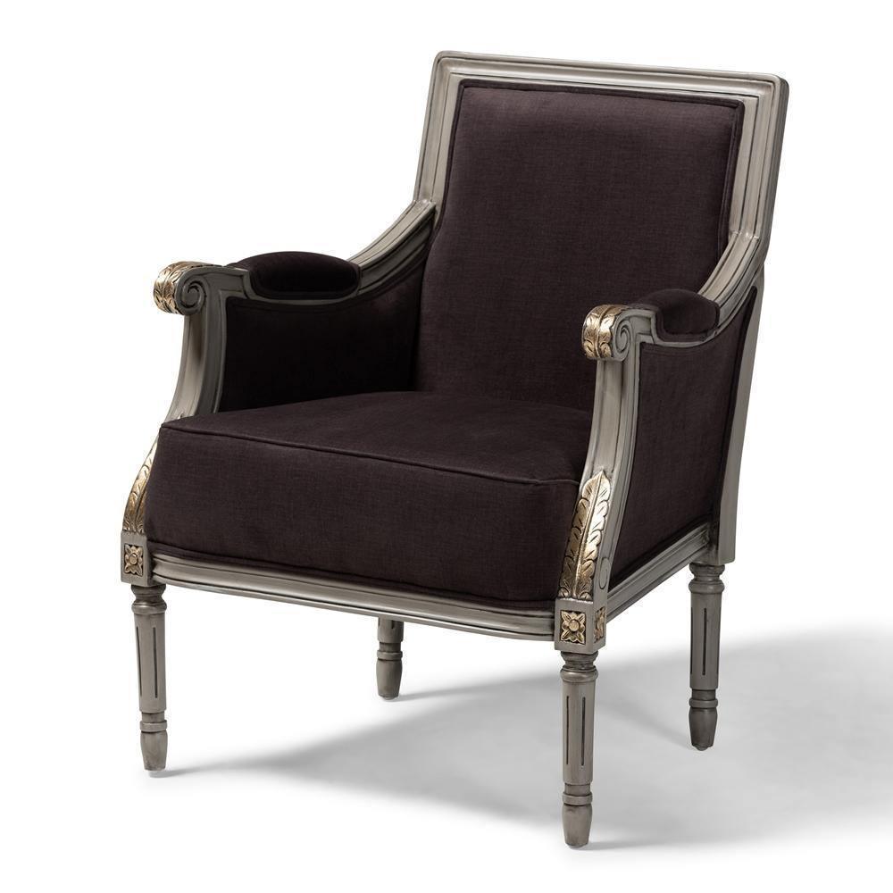 Georgette Classic and Traditional French Inspired Brown Velvet Upholstered Grey Finished Armchair with Goldleaf Detailing FredCo