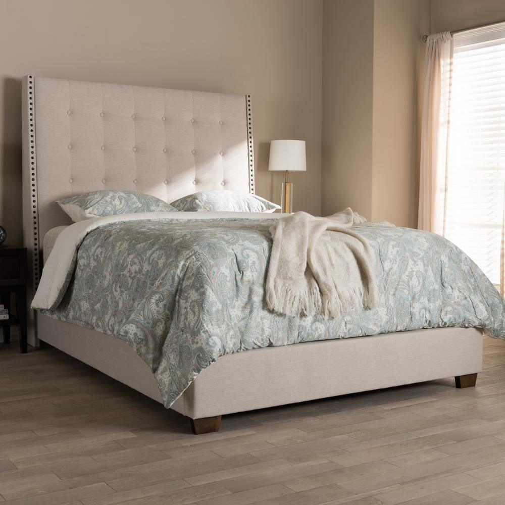 Georgette Modern and Contemporary Light Beige Fabric Upholstered King Size Bed FredCo