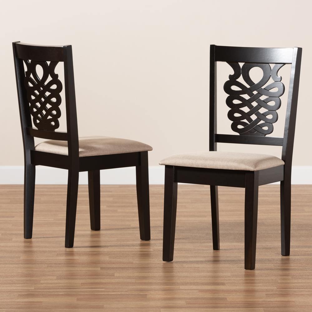 Gervais Modern and Contemporary Sand Fabric Upholstered and Dark Brown Finished Wood 2-Piece Dining Chair Set FredCo