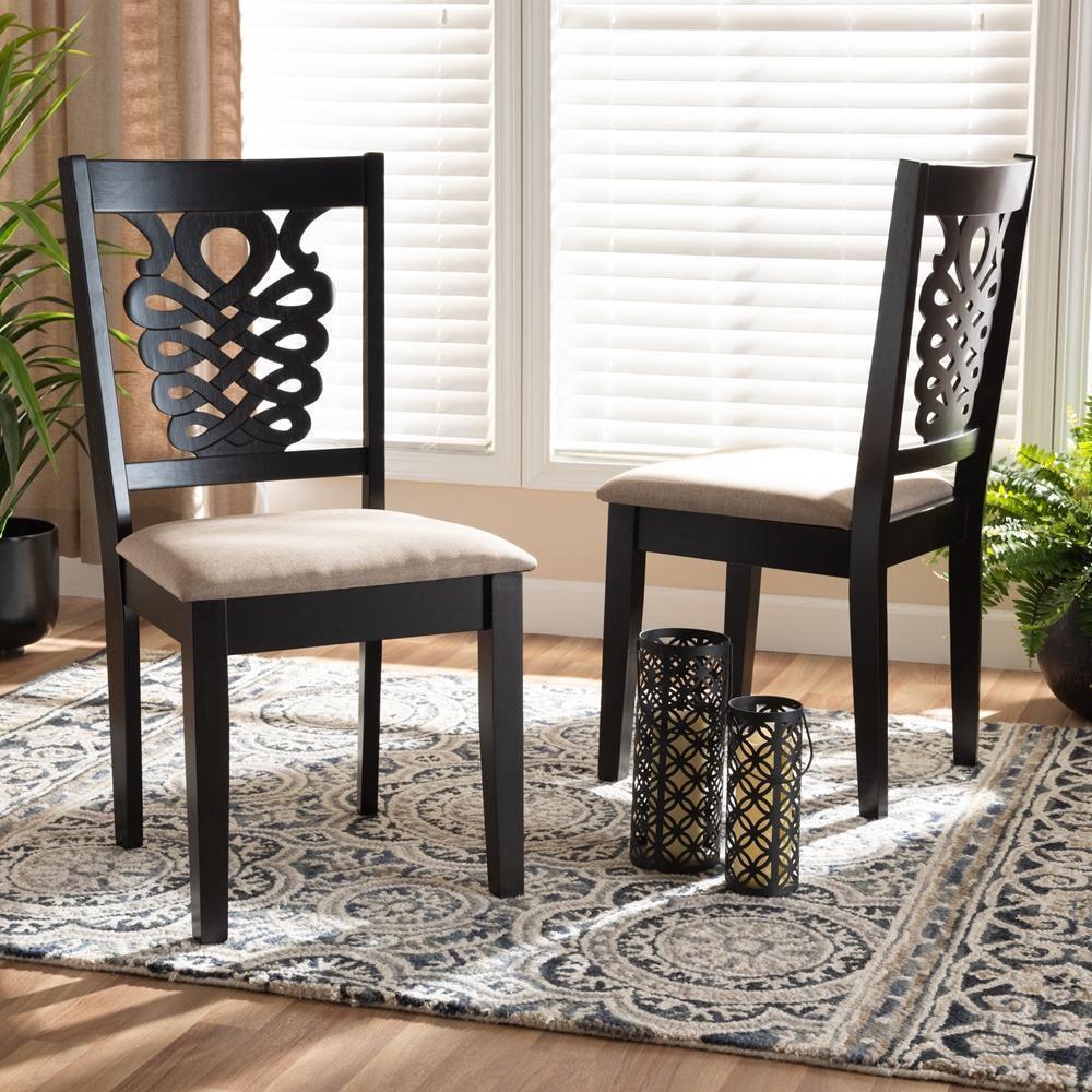 Gervais Modern and Contemporary Sand Fabric Upholstered and Dark Brown Finished Wood 2-Piece Dining Chair Set FredCo