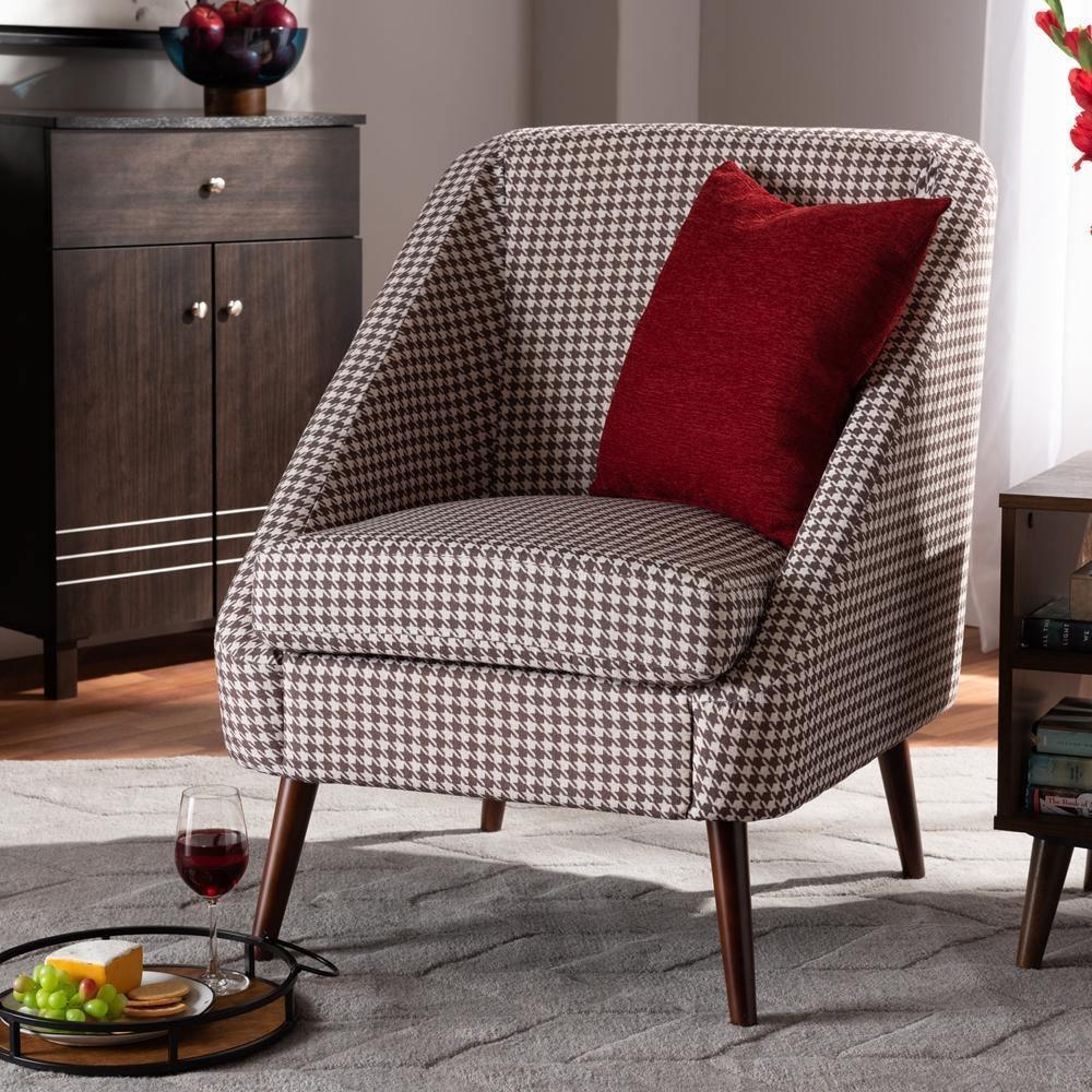 Gia Modern and Contemporary Brown and White Houndstooth Accent Chair FredCo