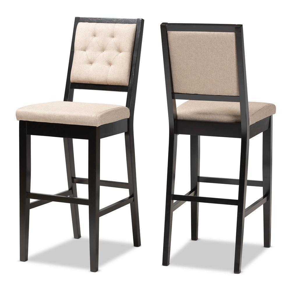 Gideon Modern and Contemporary Sand Fabric Upholstered and Dark Brown Finished Wood 2-Piece Bar Stool Set FredCo