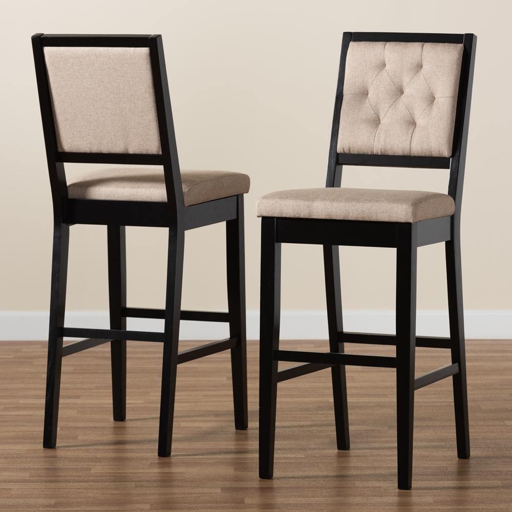 Gideon Modern and Contemporary Sand Fabric Upholstered and Dark Brown Finished Wood 2-Piece Bar Stool Set FredCo