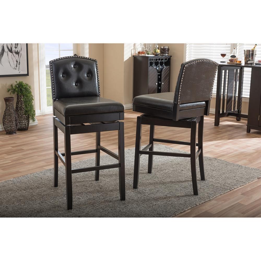 Ginaro Modern and Contemporary Dark Brown Faux Leather Button-tufted Upholstered Swivel Bar Stool FredCo