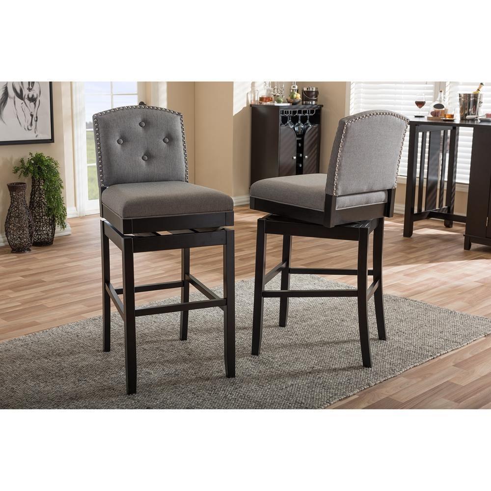 Ginaro Modern and Contemporary Grey Fabric Button-tufted Upholstered Swivel Bar Stool (Set of 2) FredCo