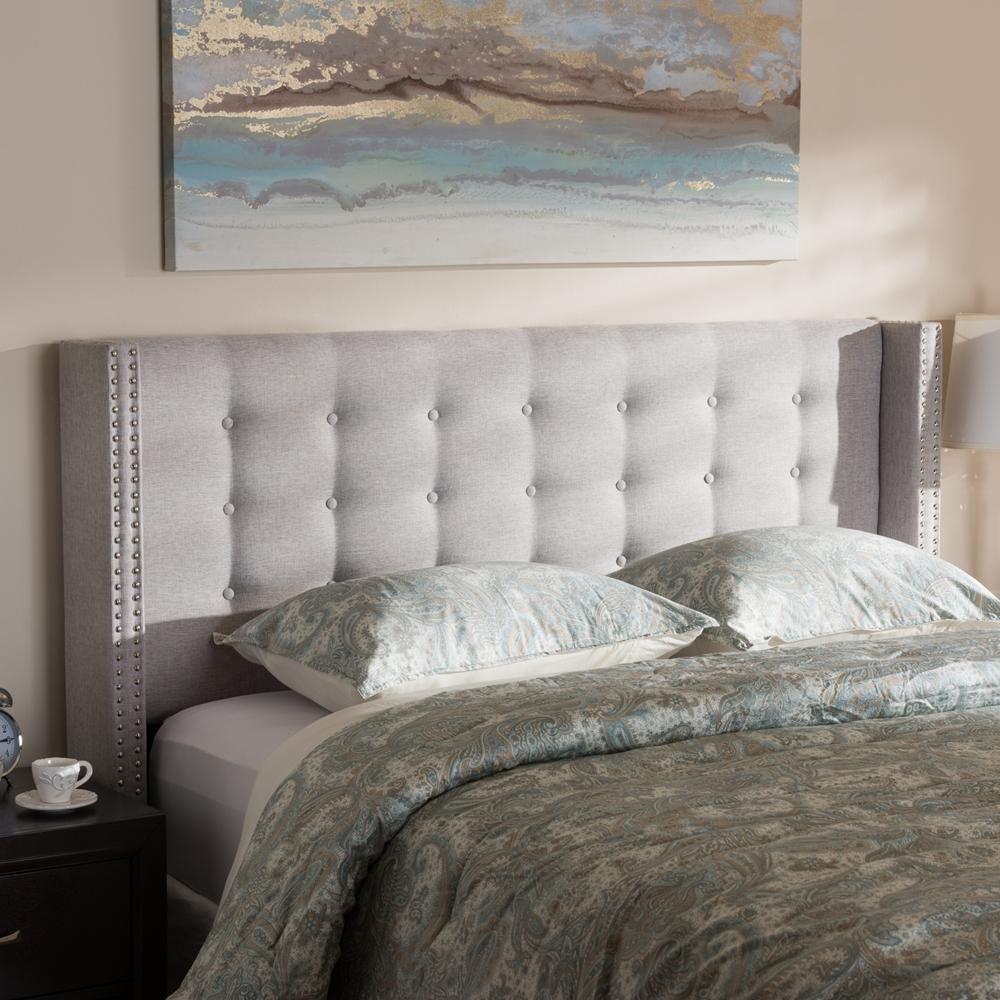 Ginaro Modern And Contemporary Greyish Beige Fabric Button-Tufted Nail head King Size Winged Headboard FredCo