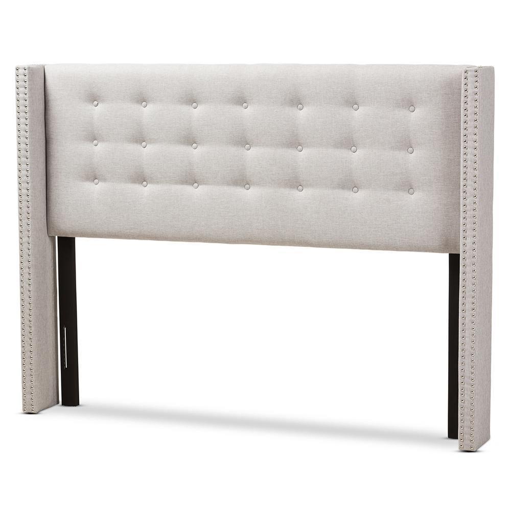 Ginaro Modern And Contemporary Greyish Beige Fabric Button-Tufted Nail head King Size Winged Headboard FredCo