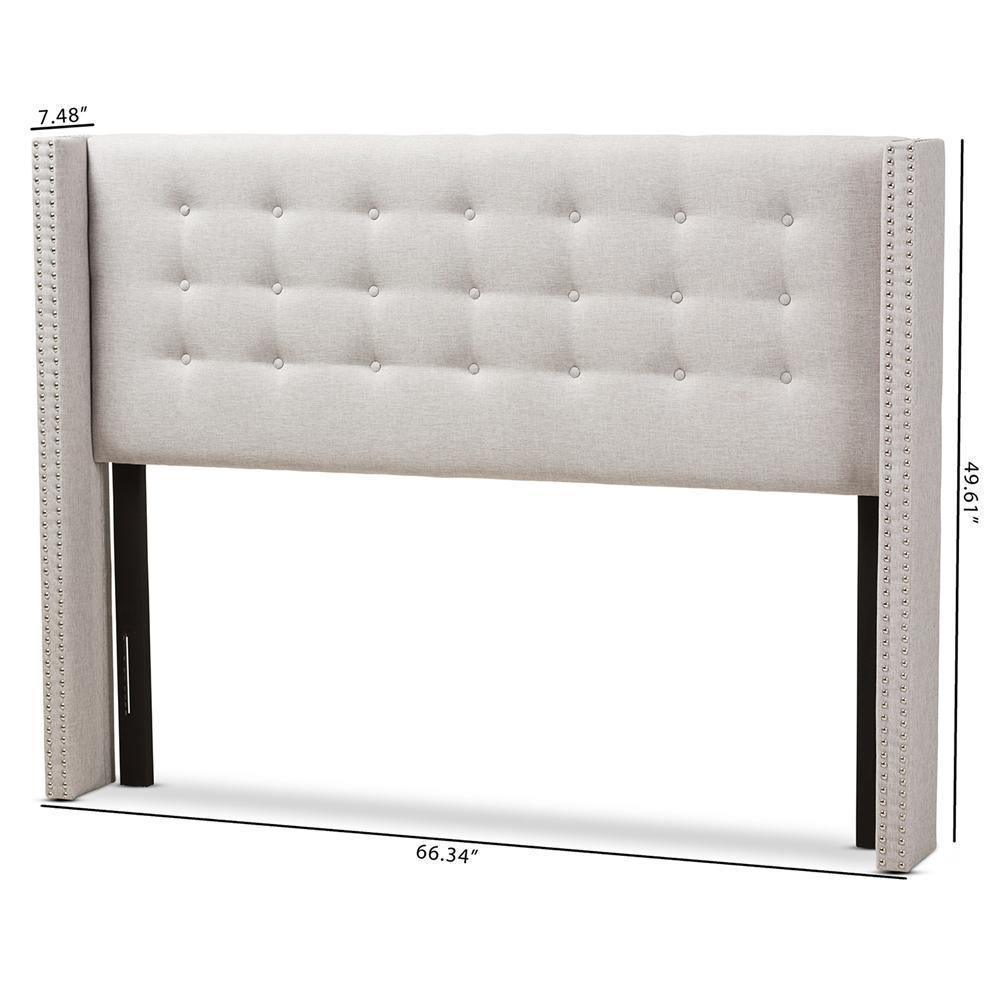 Ginaro Modern And Contemporary Greyish Beige Fabric Button-Tufted Nail head King Size Winged Headboard FredCo