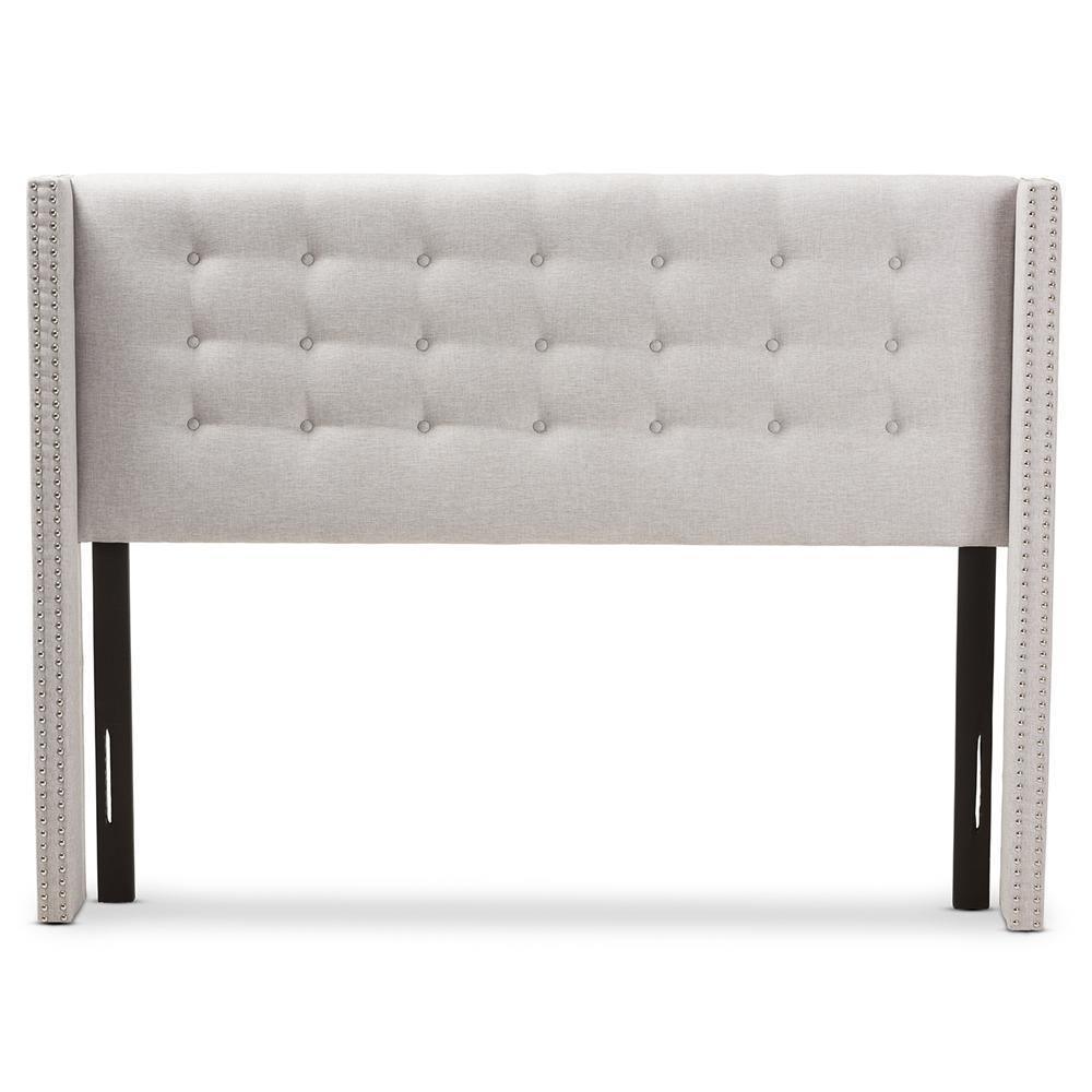 Ginaro Modern And Contemporary Greyish Beige Fabric Button-Tufted Nail head King Size Winged Headboard FredCo