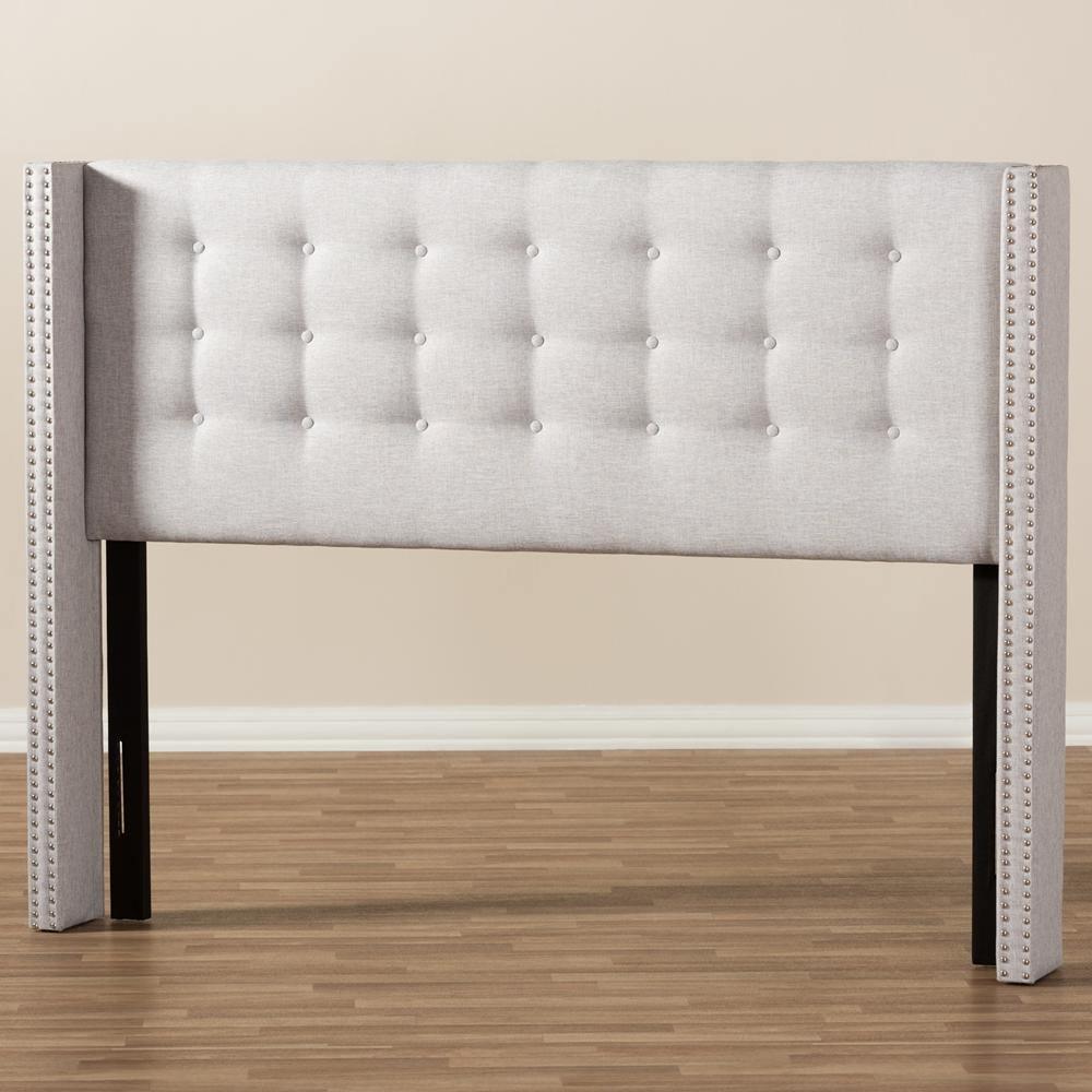 Ginaro Modern And Contemporary Greyish Beige Fabric Button-Tufted Nail head King Size Winged Headboard FredCo