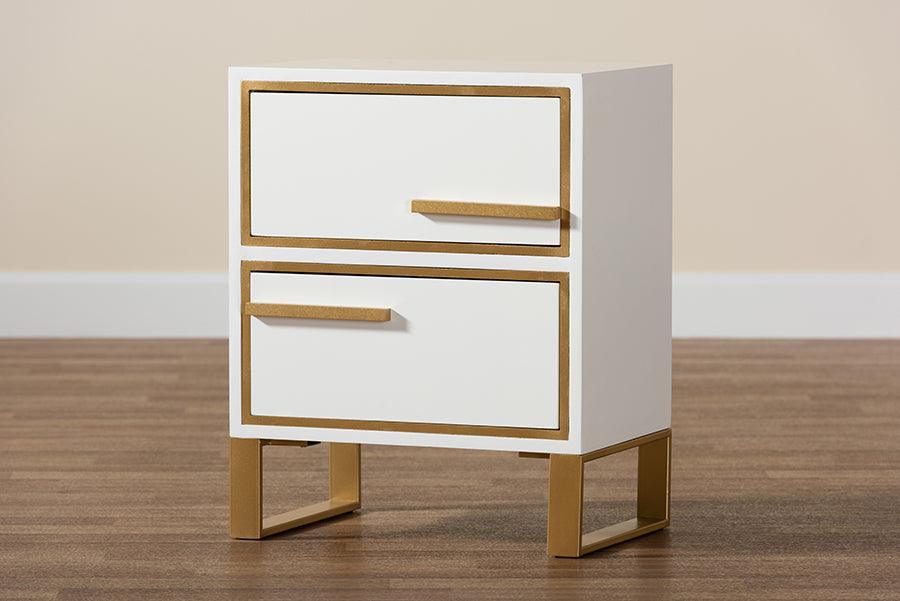 Giolla Contemporary Glam and Luxe White Finished Wood and Gold Metal 2-Drawer Nightstand FredCo