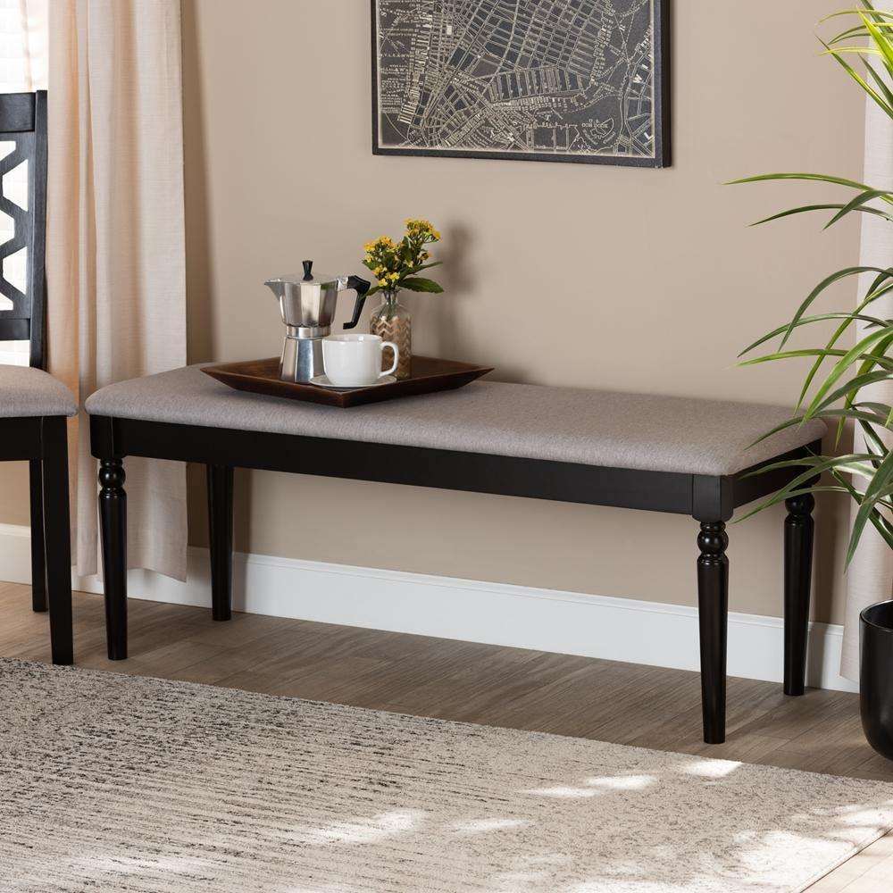 Giovanni Modern and Contemporary Grey Fabric Upholstered and Dark Brown Finished Wood Dining Bench FredCo