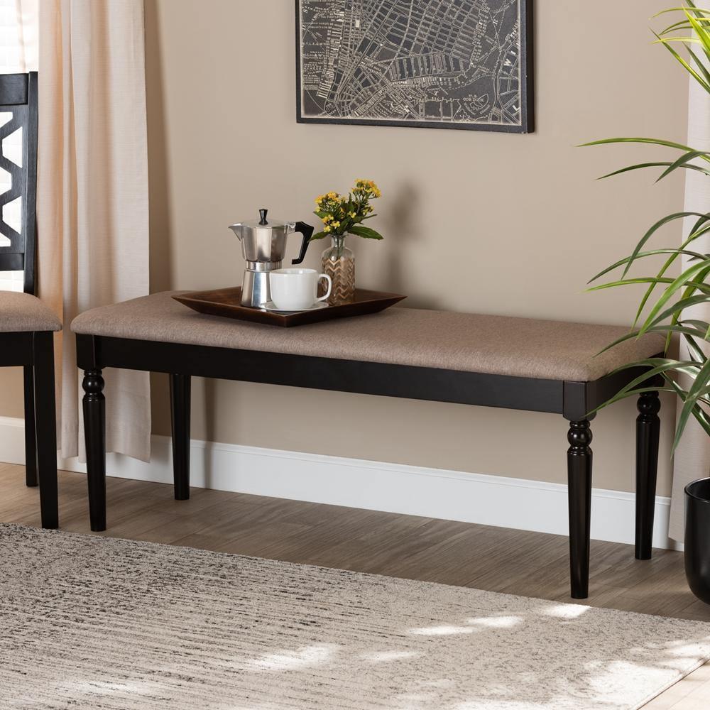 Giovanni Modern and Contemporary Sand Fabric Upholstered and Dark Brown Finished Wood Dining Bench FredCo