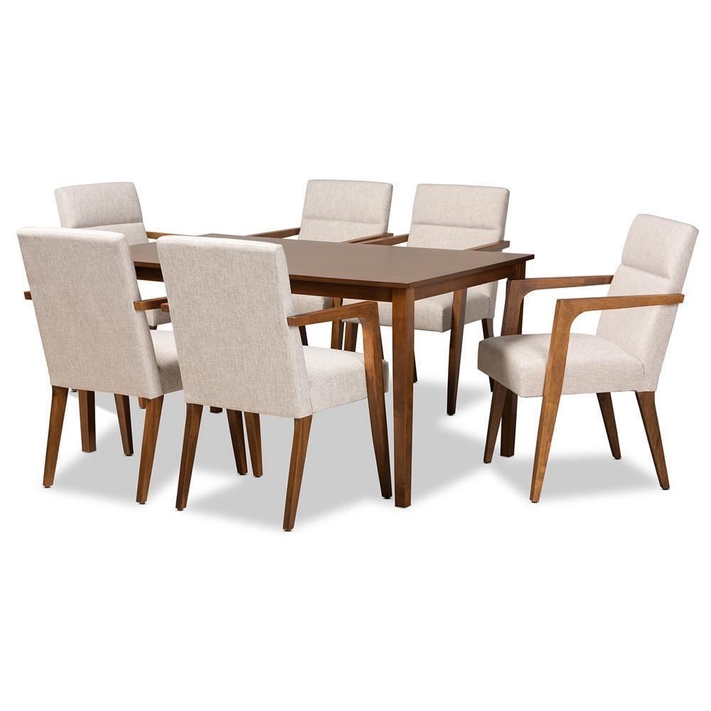 Glenda Mid-Century Modern Beige Fabric Upholstered and Walnut Brown Finished Wood 7-Piece Dining Set FredCo