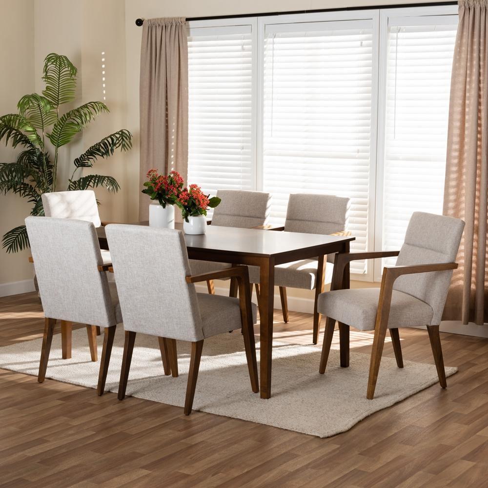 Glenda Mid-Century Modern Beige Fabric Upholstered and Walnut Brown Finished Wood 7-Piece Dining Set FredCo