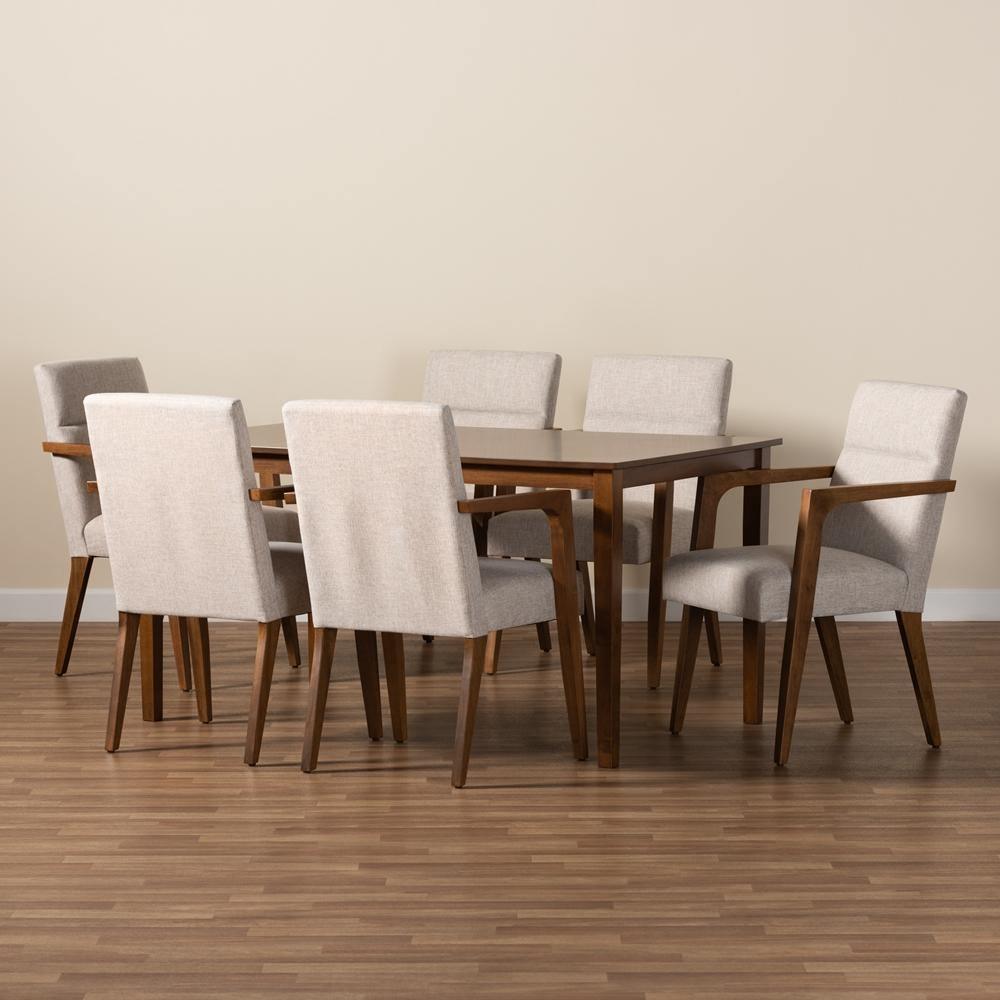 Glenda Mid-Century Modern Beige Fabric Upholstered and Walnut Brown Finished Wood 7-Piece Dining Set FredCo