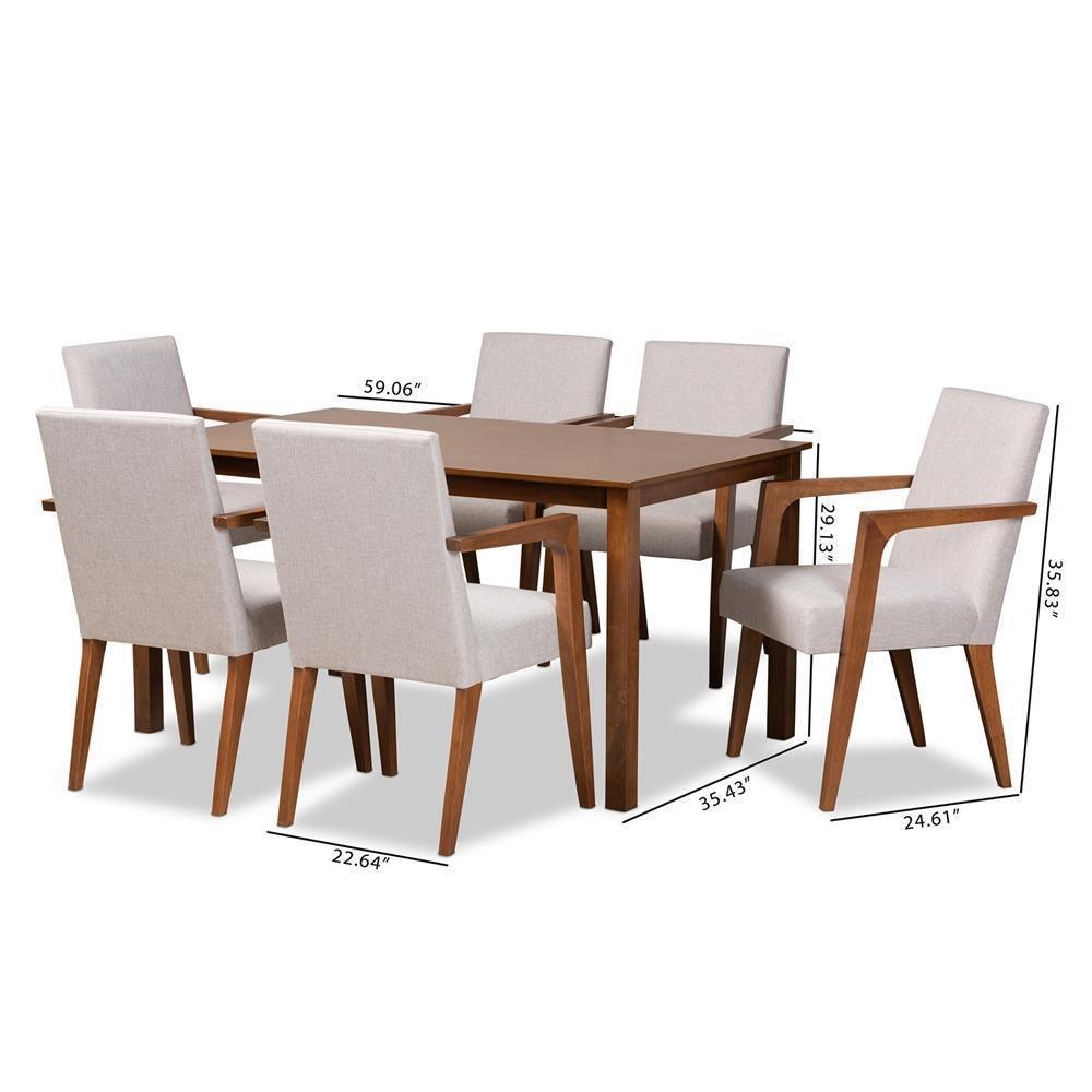 Glenda Mid-Century Modern Greyish Beige Fabric Upholstered and Walnut Brown Finished Wood 7-Piece Dining Set FredCo
