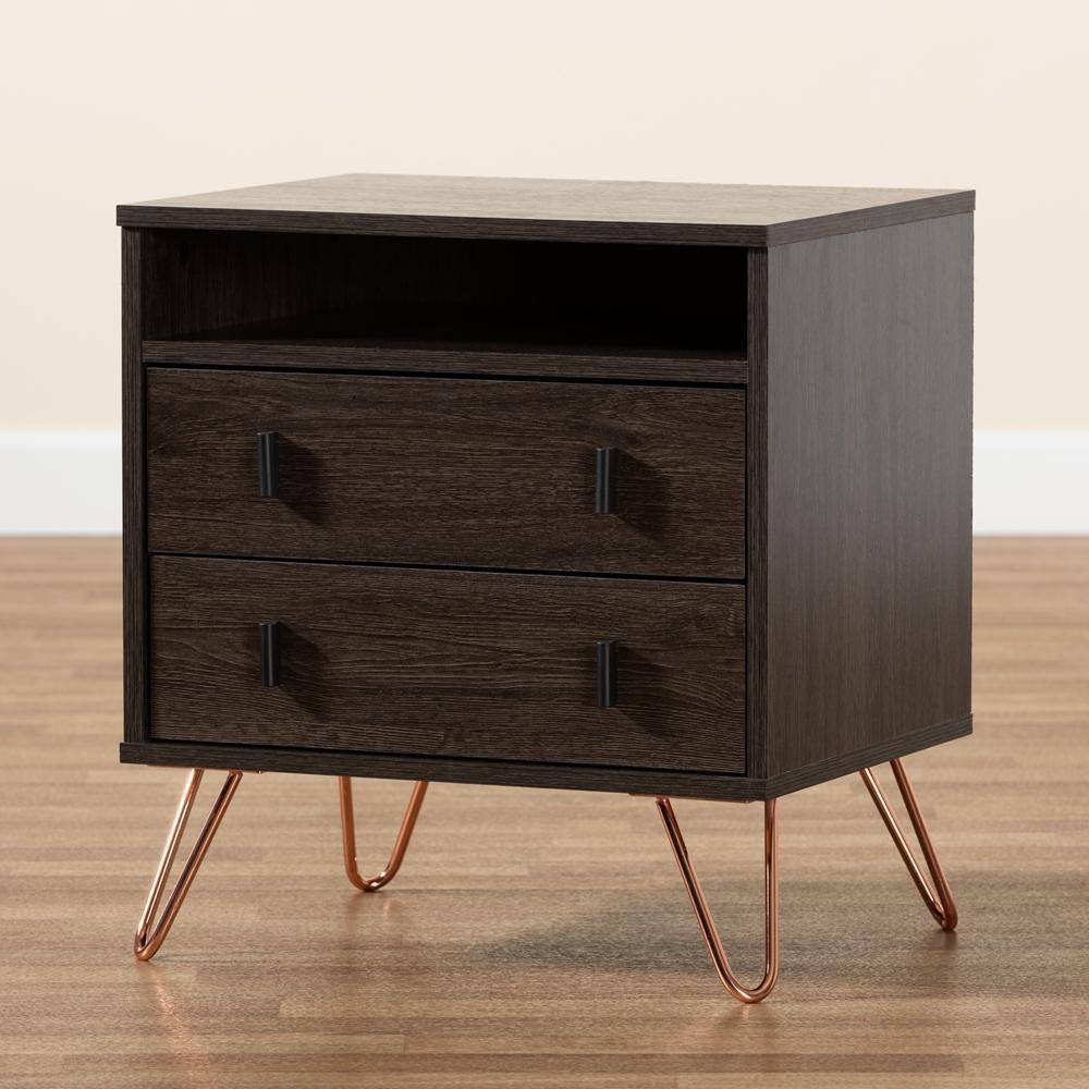 Glover Modern and Contemporary Dark Brown Finished Wood and Rose Gold-Tone Finished Metal 2-Drawer Nightstand FredCo