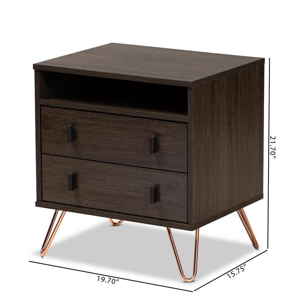 Glover Modern and Contemporary Dark Brown Finished Wood and Rose Gold-Tone Finished Metal 2-Drawer Nightstand FredCo