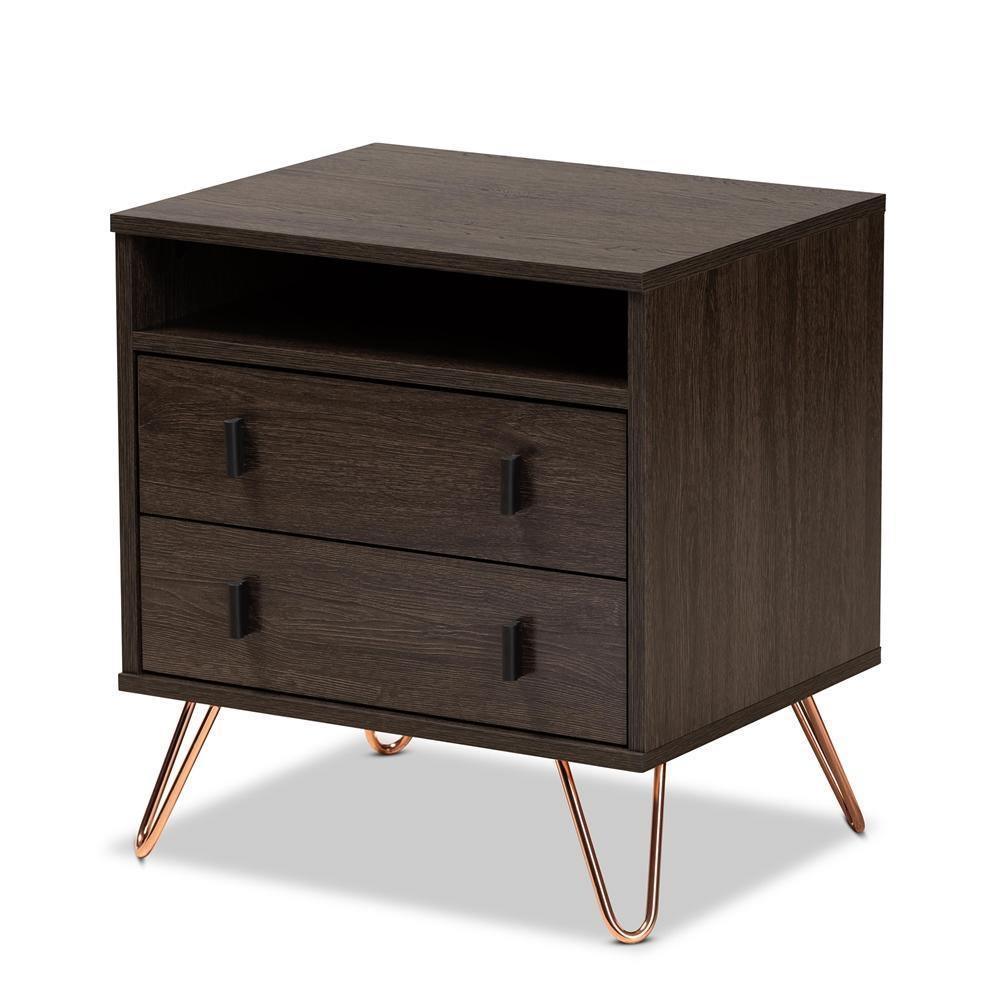 Glover Modern and Contemporary Dark Brown Finished Wood and Rose Gold-Tone Finished Metal 2-Drawer Nightstand FredCo