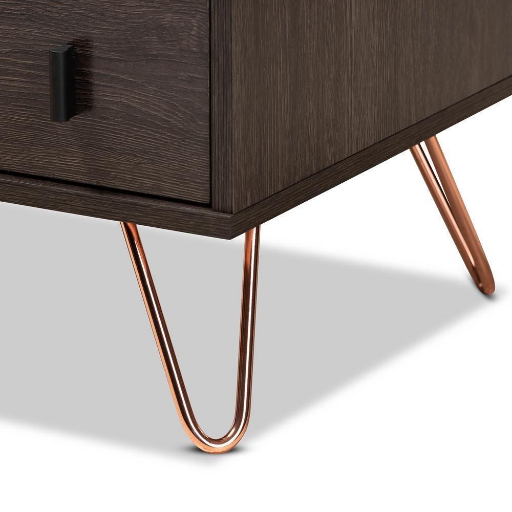 Glover Modern and Contemporary Dark Brown Finished Wood and Rose Gold-Tone Finished Metal 2-Drawer Nightstand FredCo