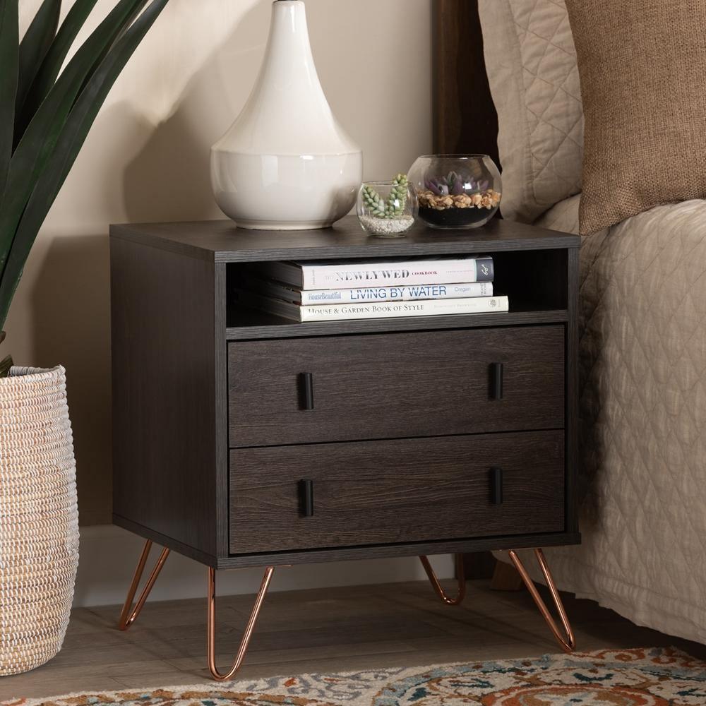 Glover Modern and Contemporary Dark Brown Finished Wood and Rose Gold-Tone Finished Metal 2-Drawer Nightstand FredCo