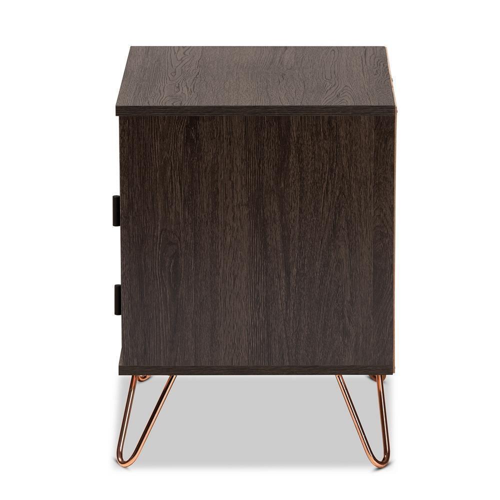 Glover Modern and Contemporary Dark Brown Finished Wood and Rose Gold-Tone Finished Metal 2-Drawer Nightstand FredCo