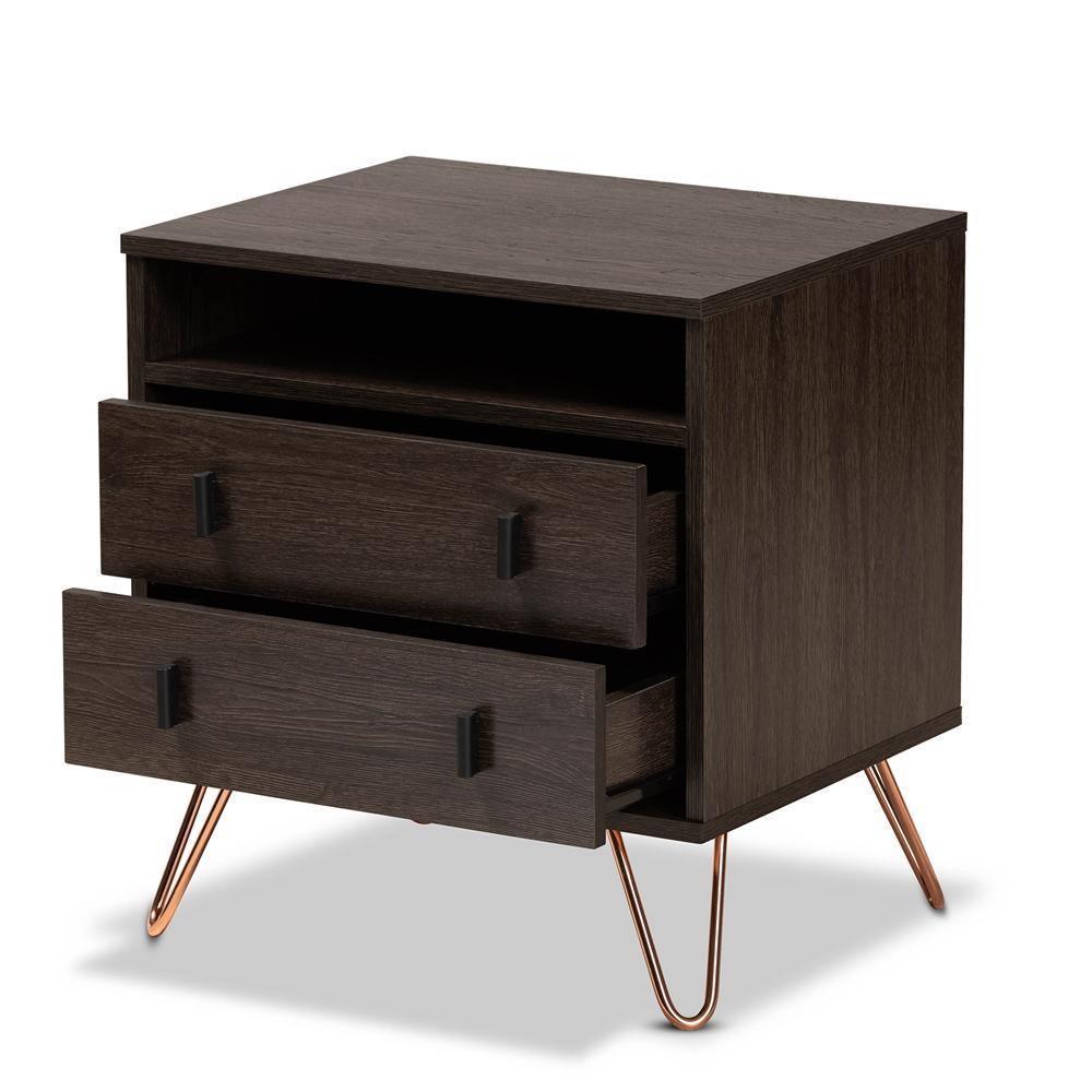 Glover Modern and Contemporary Dark Brown Finished Wood and Rose Gold-Tone Finished Metal 2-Drawer Nightstand FredCo