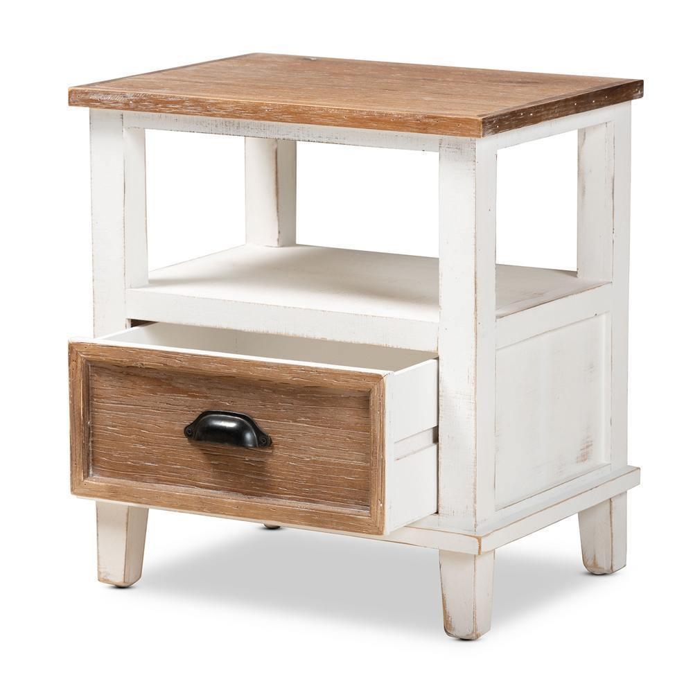 Glynn Rustic Farmhouse Weathered Two-Tone White and Oak Brown Finished Wood 1-Drawer Nightstand FredCo