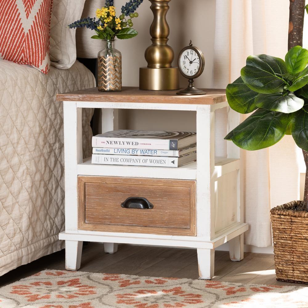 Glynn Rustic Farmhouse Weathered Two-Tone White and Oak Brown Finished Wood 1-Drawer Nightstand FredCo